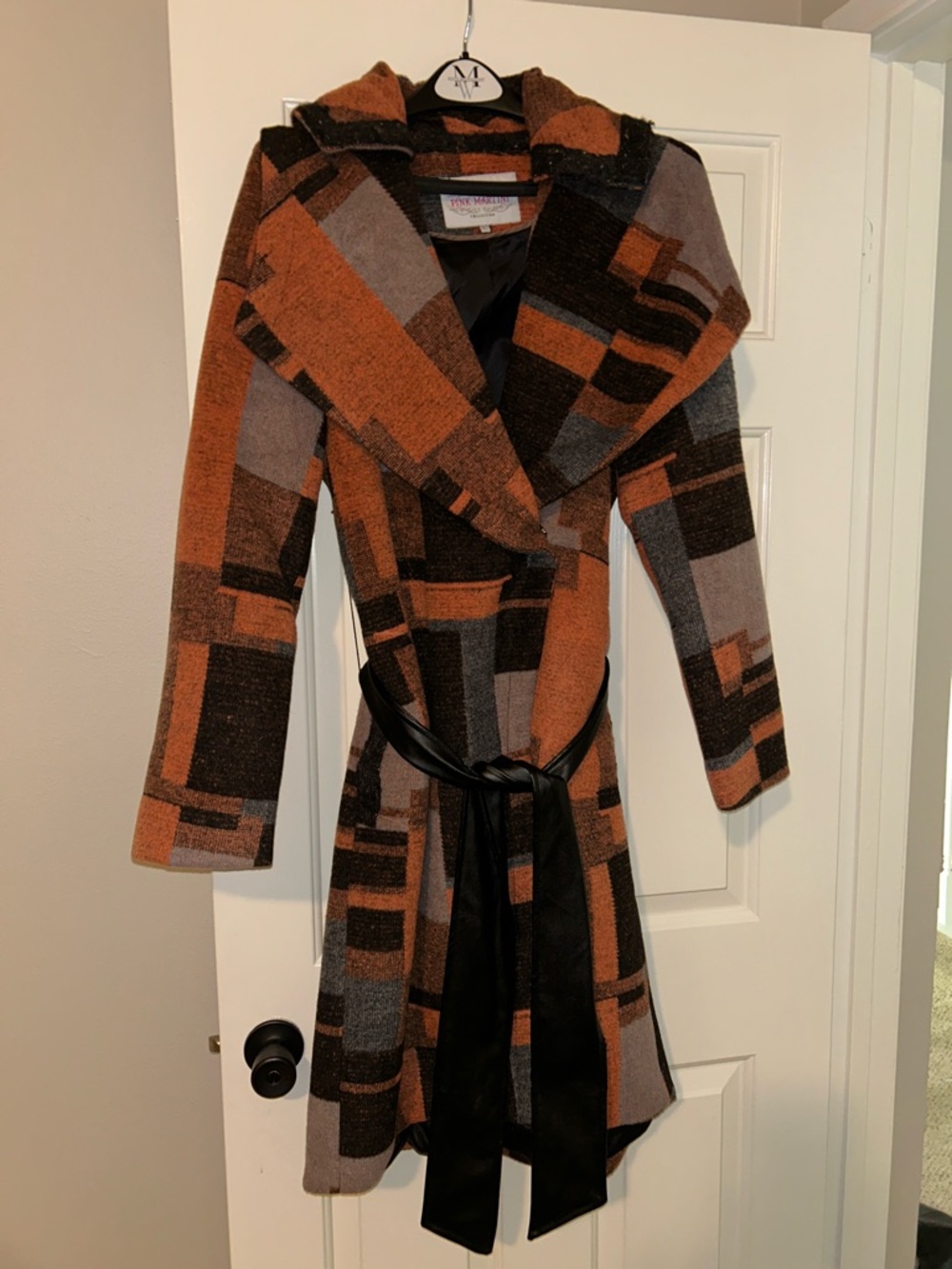 Pink Martini Geometric Wool Blend Trench Coat in Brown & Gray